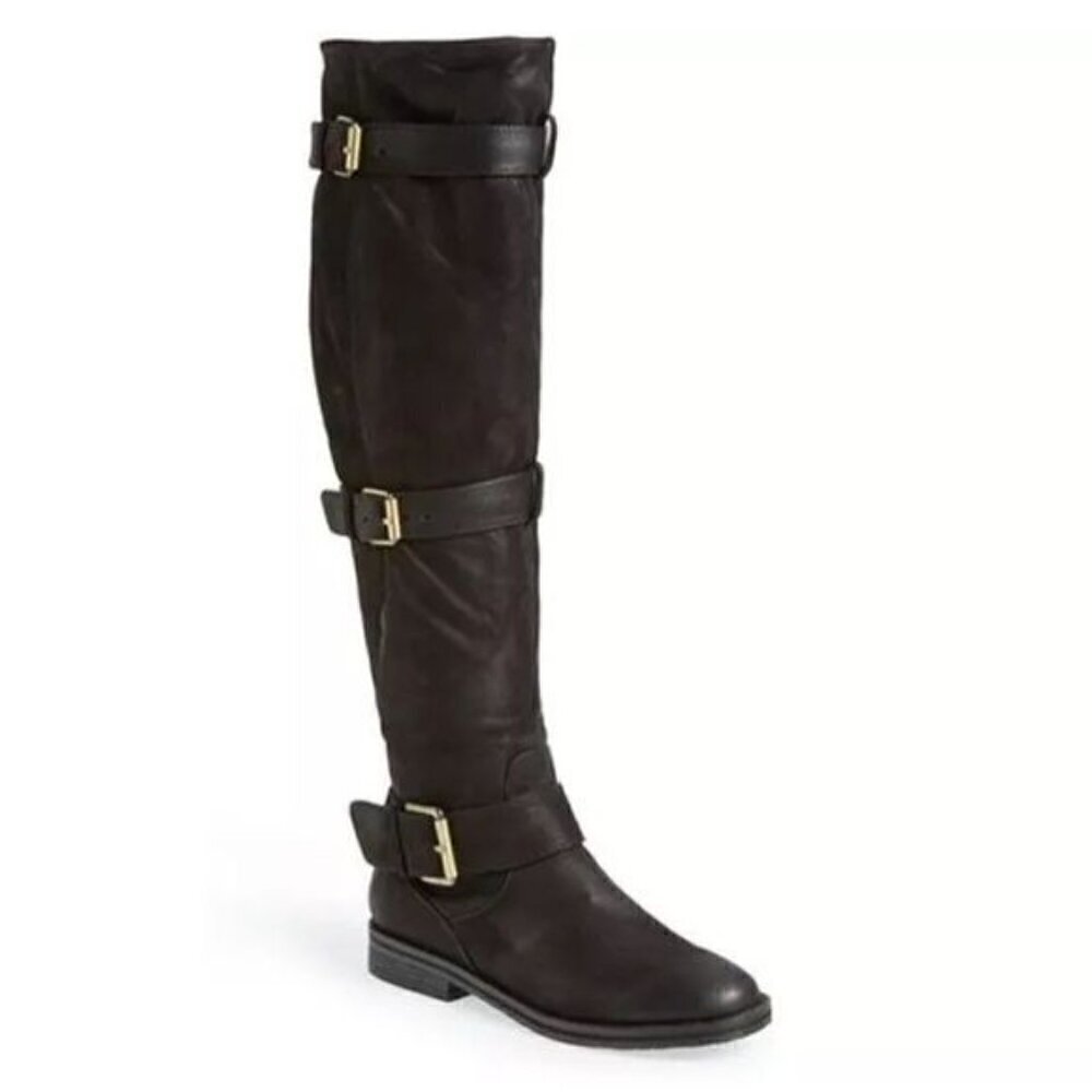 Gentle Souls Size 7 Edgefield Over the Knee Black Leather Buckle Boots
